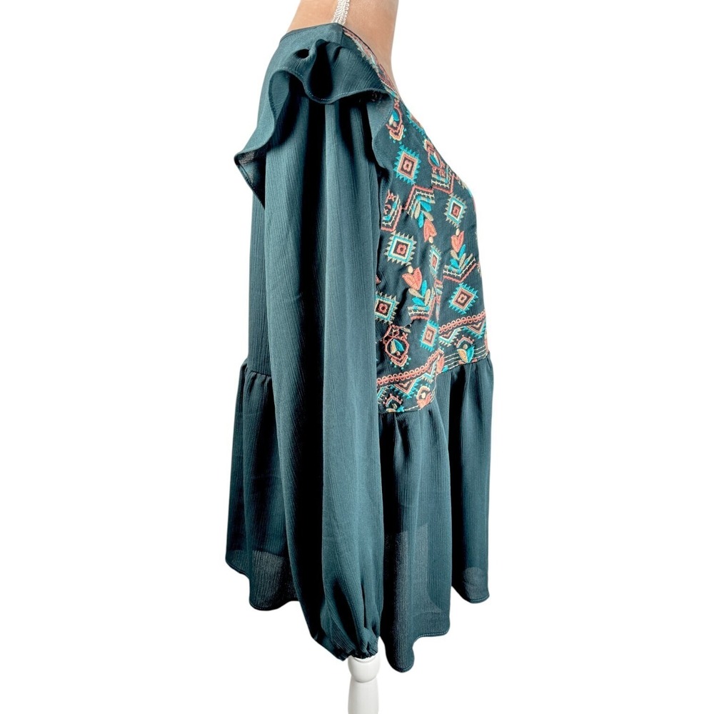 Savannah Jane 1X Top Green Pink Embroidered Aztec Boho Office Feminine‎ - Picture 5 of 13
